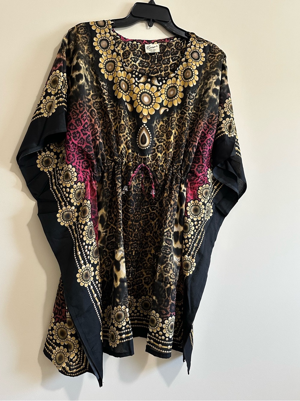 Embellished Black Boho Tunic with Gold Medallion & Pink Panels